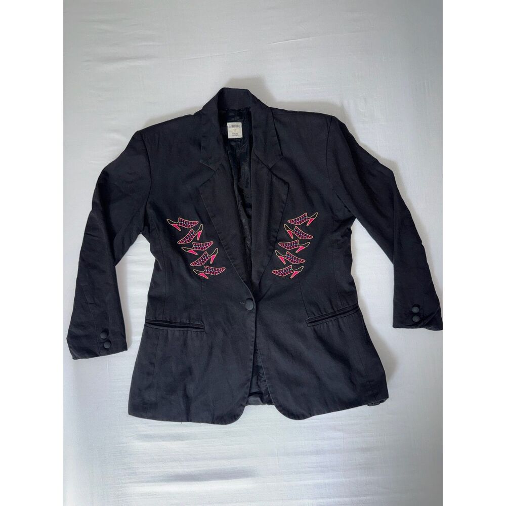 Vintage Black Blazer | Statement High-Heel Embroidery | Size Medium